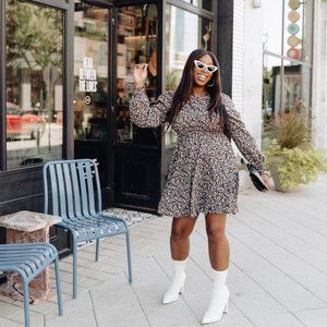 Womens Long Sleeve Black Floral Mini Dress Size